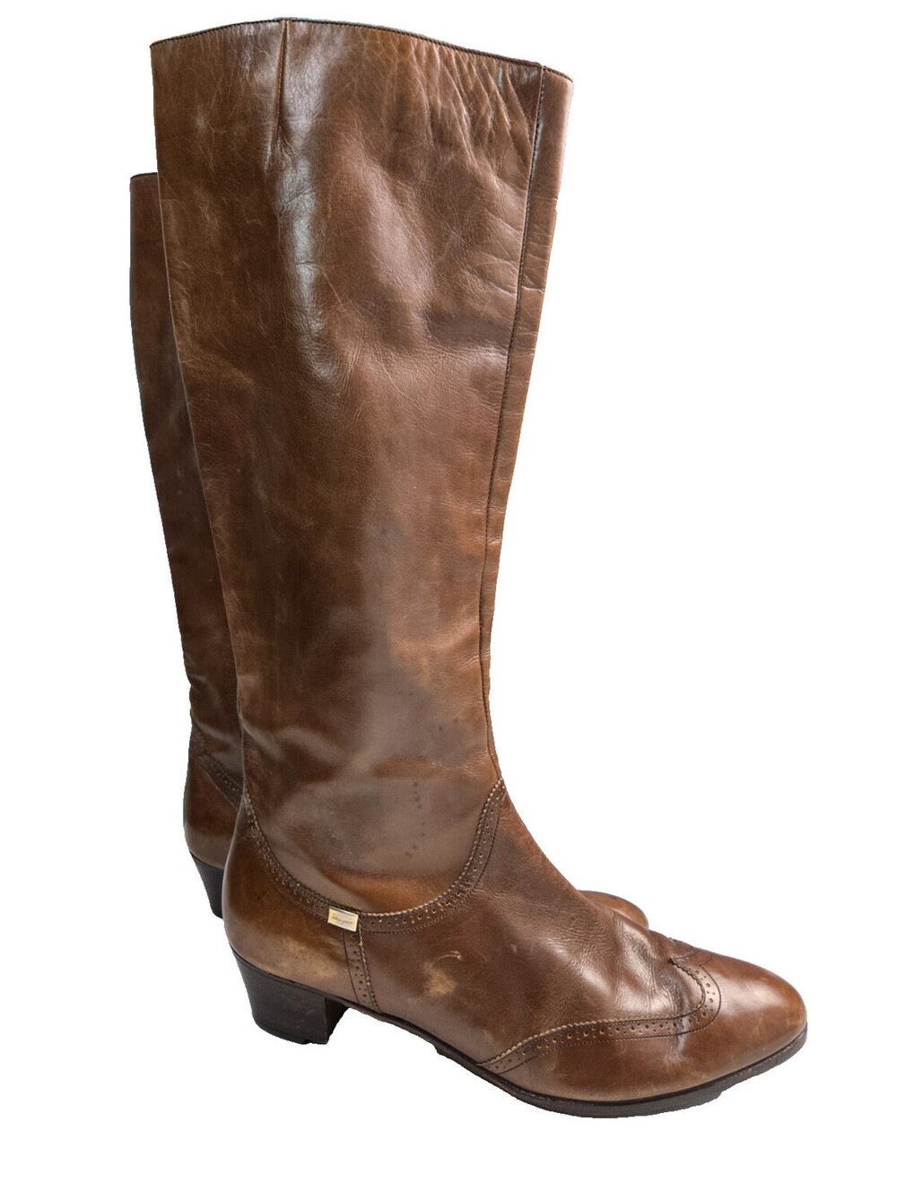 Salvatore Ferragamo Vintage 70s Brown Leather Zip Knee High Go Go Boots 8.5 S